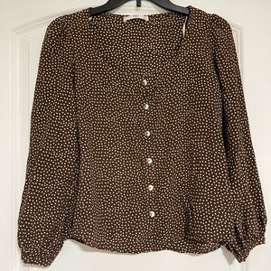 MANGO MNG square neck brown polka dot blouse